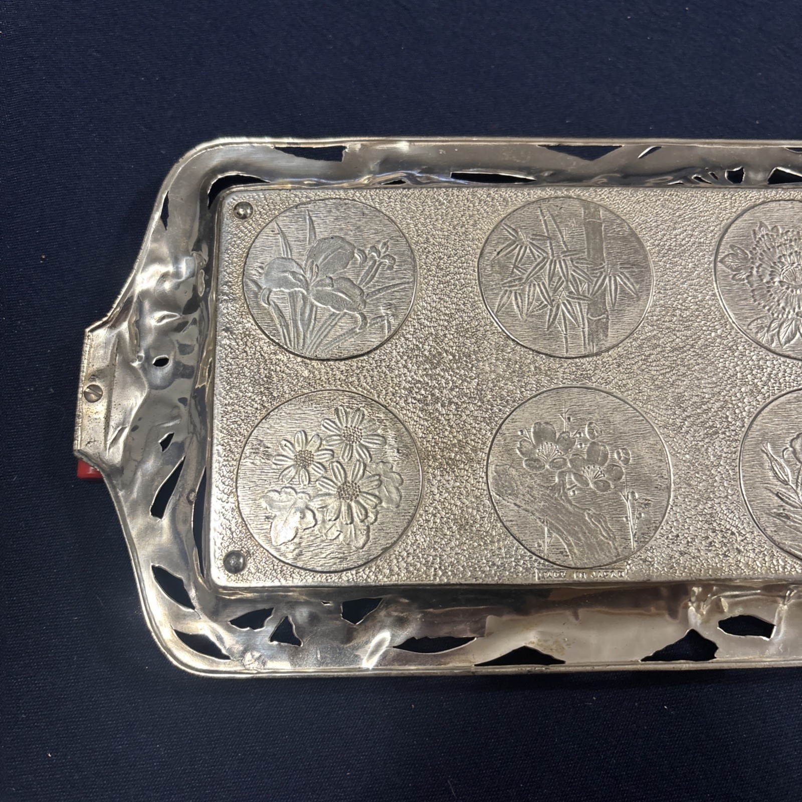 Japanese Pictorial Silverplate Tray Red Bakelite Handles Buddha Geisha Pagoda