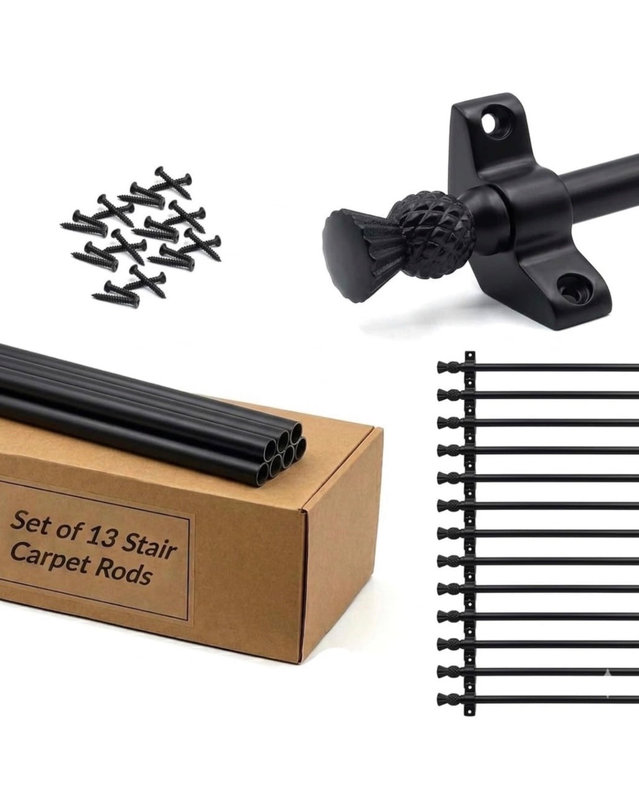 Set of 19 | Stair Carpet Rods | Thistle Finial – Wrought Iron | Up To 70cm wide