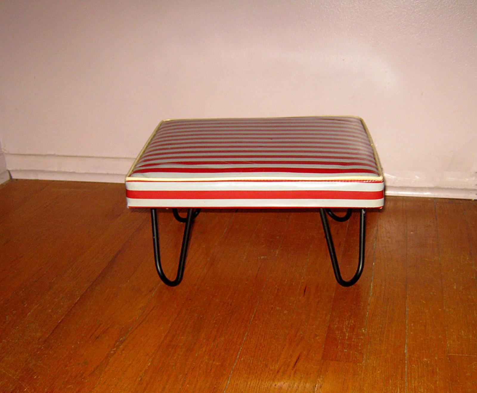 Vintage Mid-Century Modern Vinyl & Atomic Metal Leg Red & Gray Foot Rest Stool