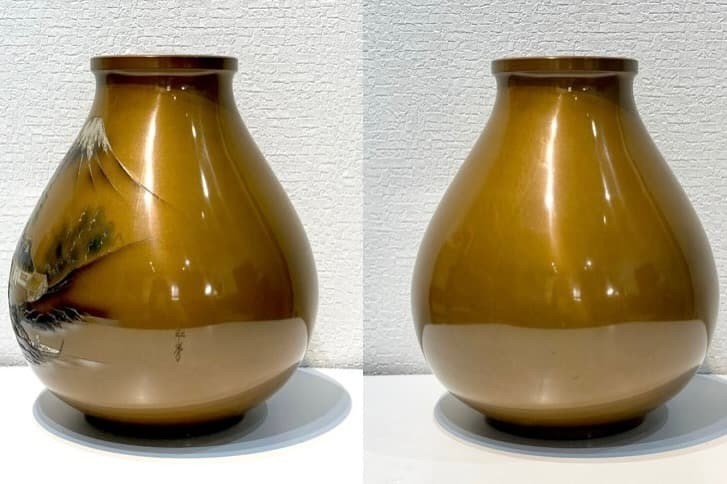 Fuji Mountain Japanese Bronze Vase Vintage Metal Jar Vessel Landscape 10.3 inch