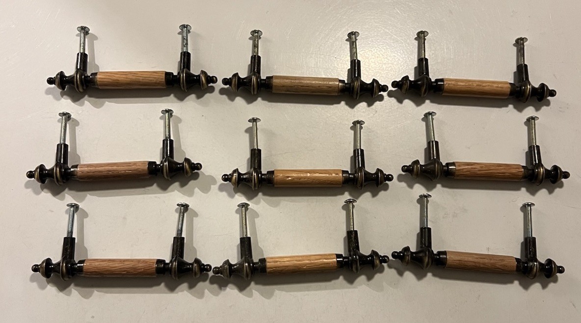 9 Lot Vintage Salvaged Recycled Wood Drawer Pulls -Oak & Metal Cabinet Handles