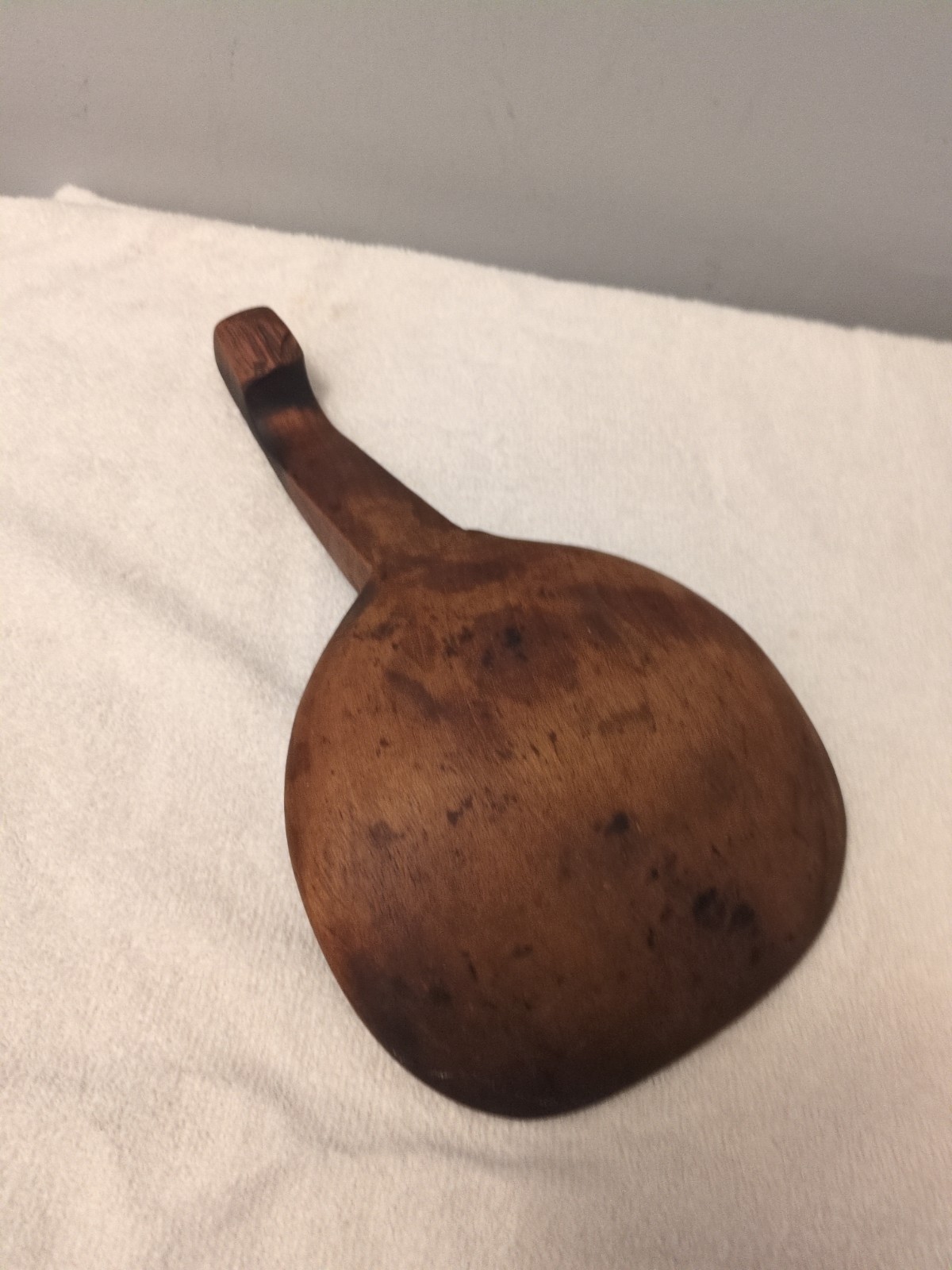 Antique Handmade Wooden Primitive Spoon Wide Bowl Short Handle Hooked 9.25”