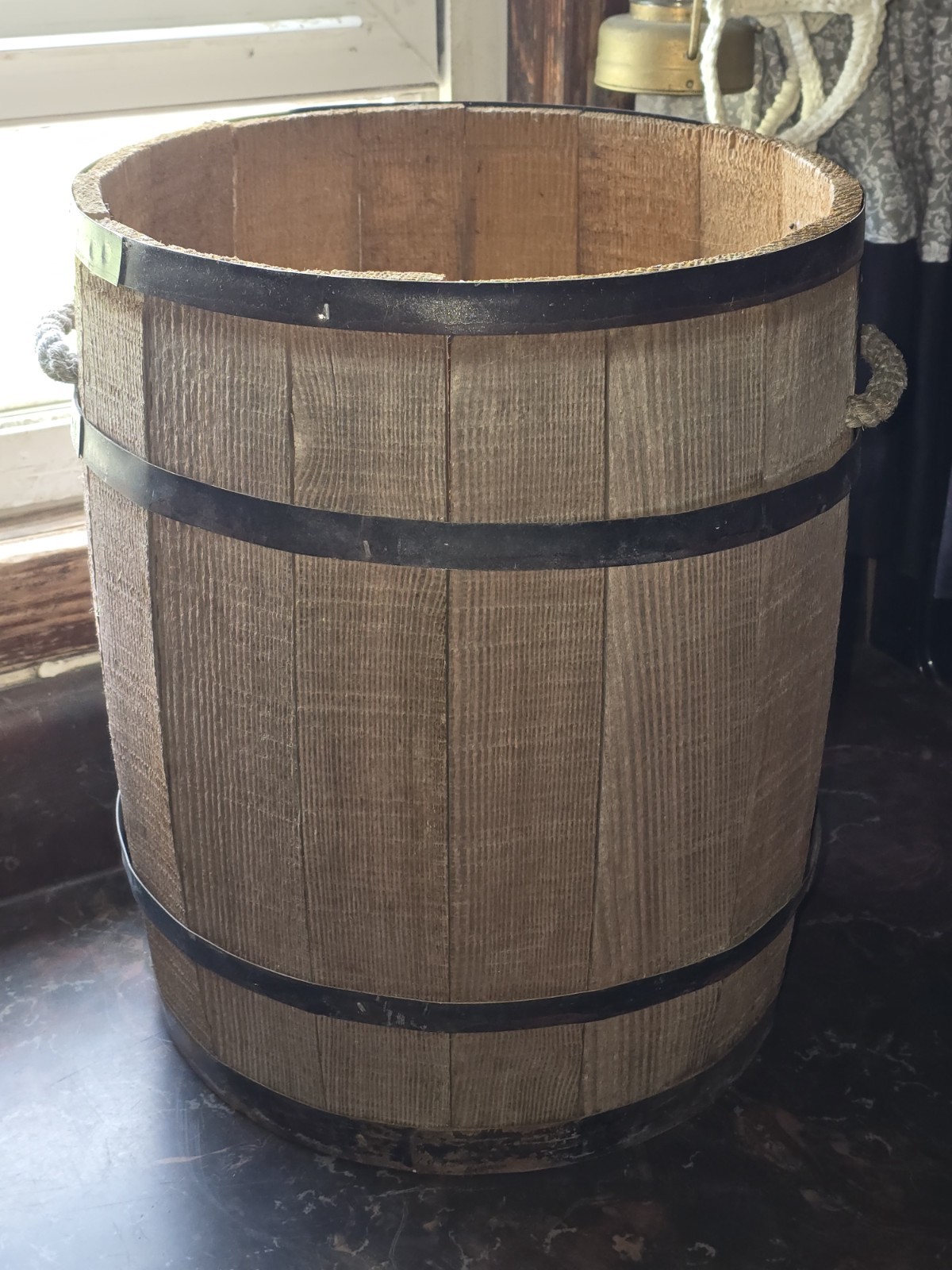 Vintage Rustic Wooden Slat Barrel With American Eagle And Rope Handles 14″ × 11″