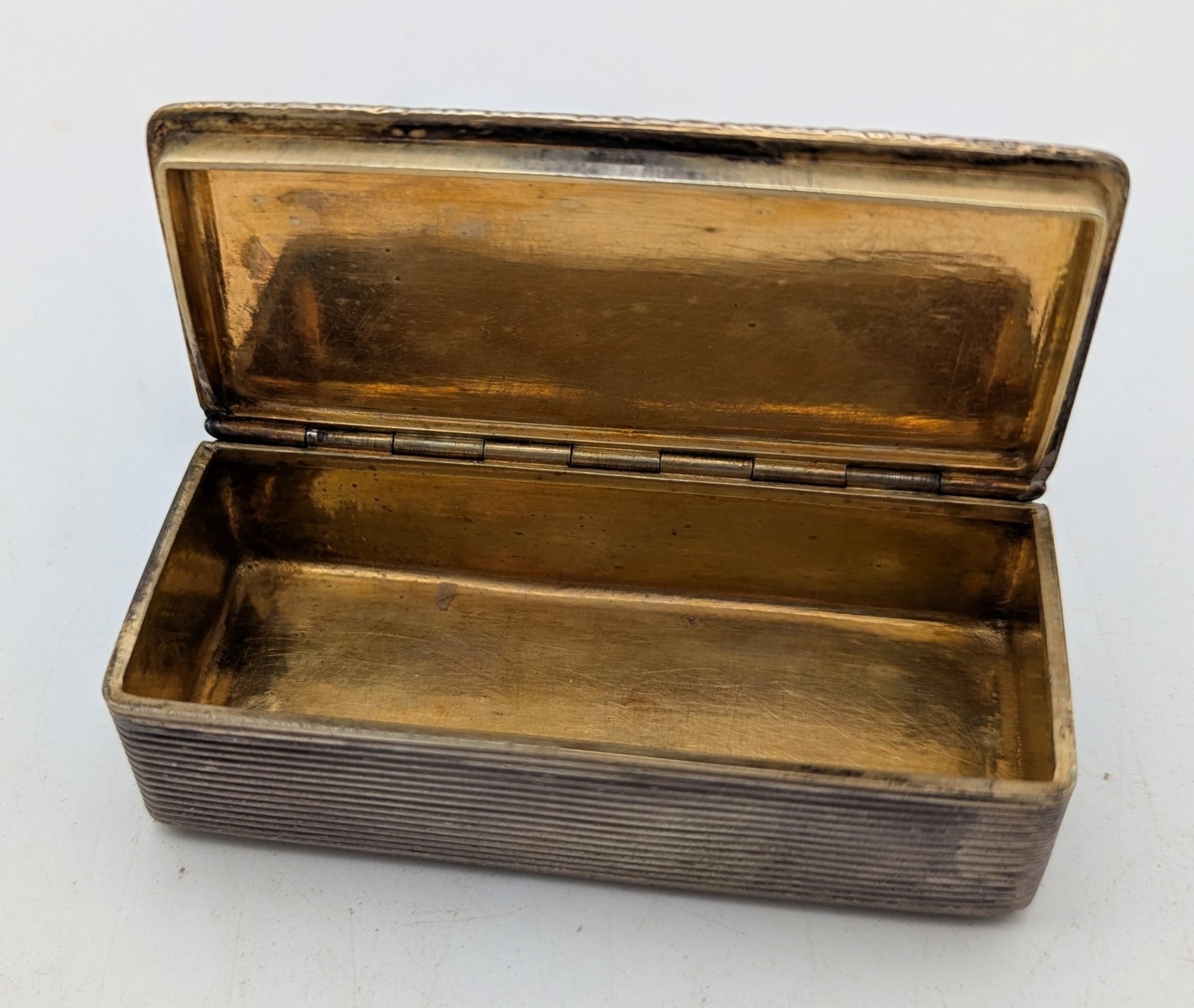 Antique 19thC Continental Silver Snuff Box Architectural Engraving Gilt Interior
