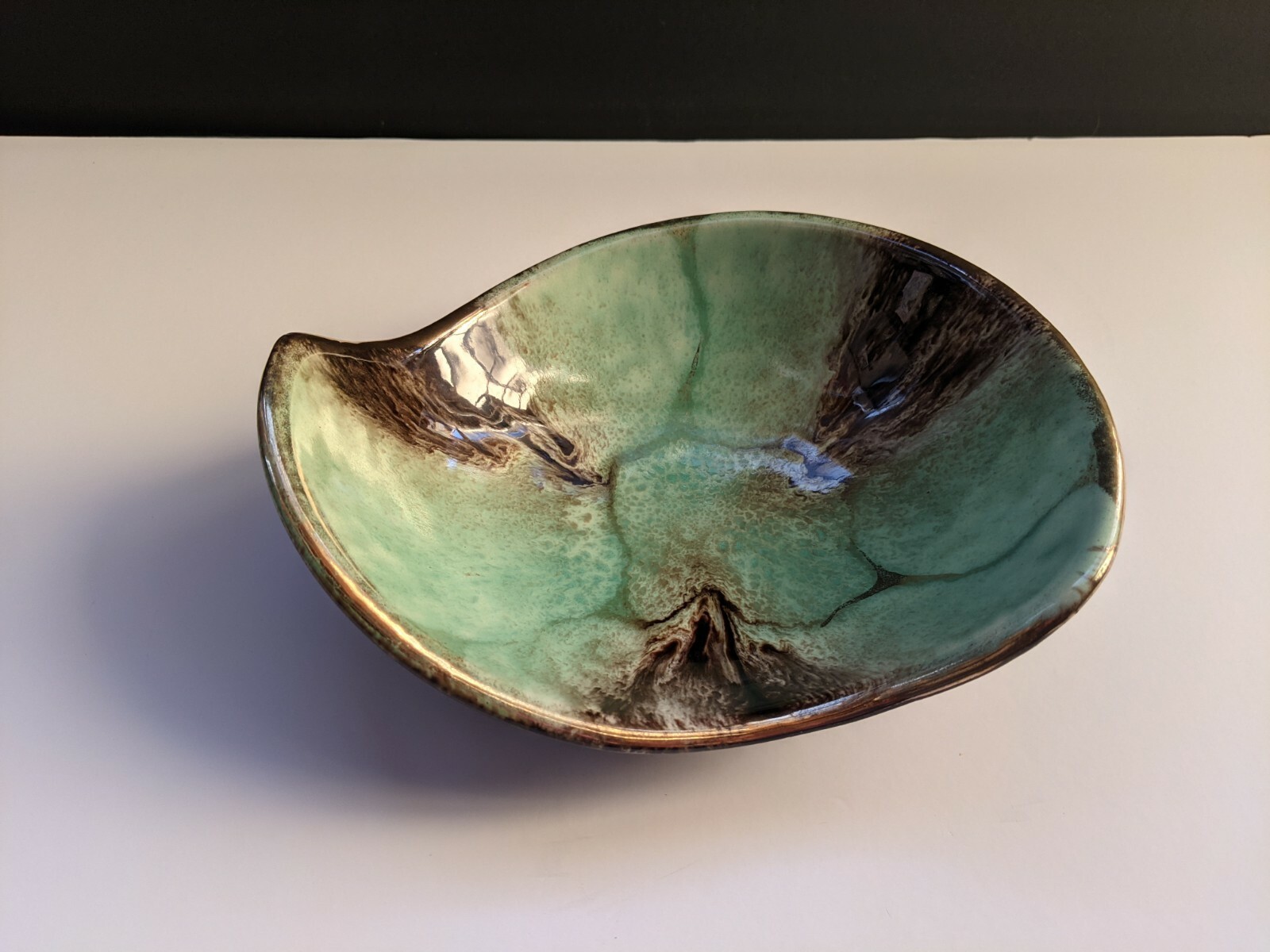 Mid Century Modern Pottery Cocktail Table Dish Green, Brown & Gold
