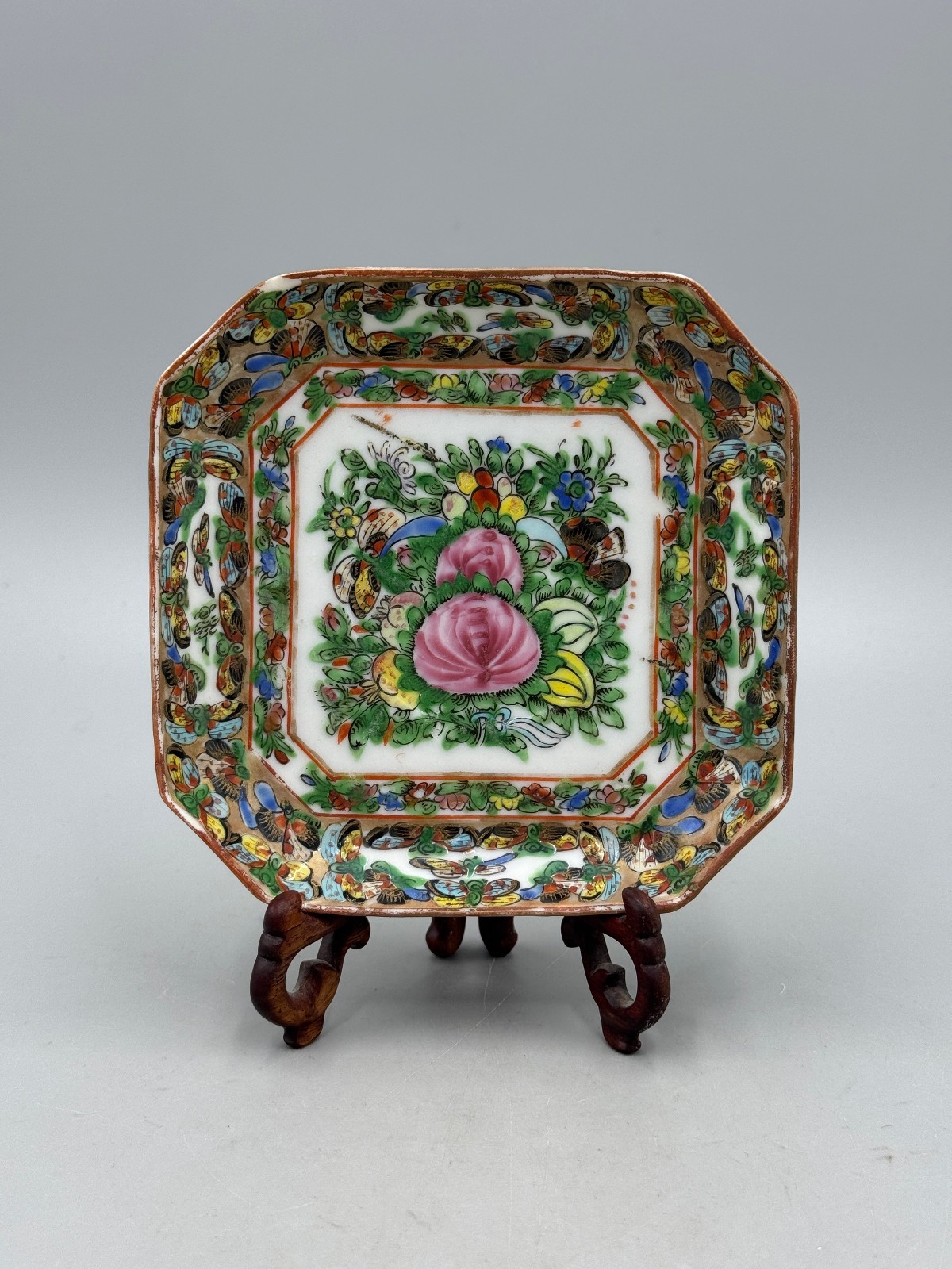 Antique 20th c. Chinese Porcelain Octagonal Plate Floral & Butterfly 4 3/4”