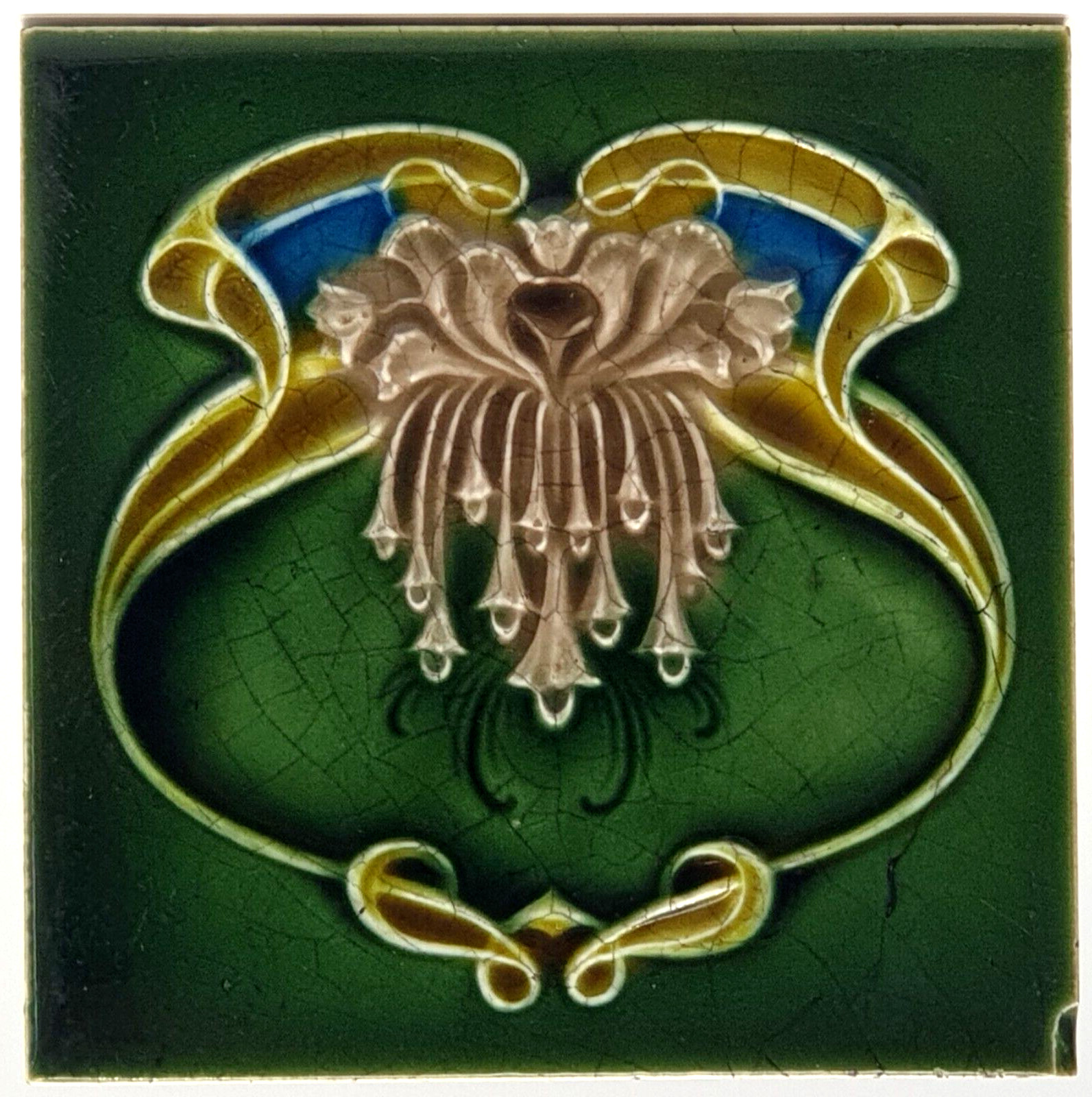 Art Nouveau Fireplace Tile Floral Moulded Majolica by Henry Richards C1905