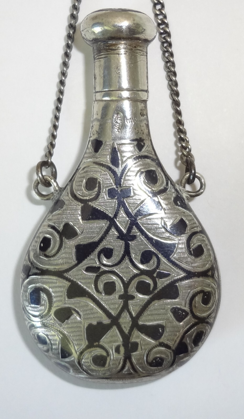 Antique Russian Sterling Silver Niello Chatelaine Perfume Scent Flask Bottle