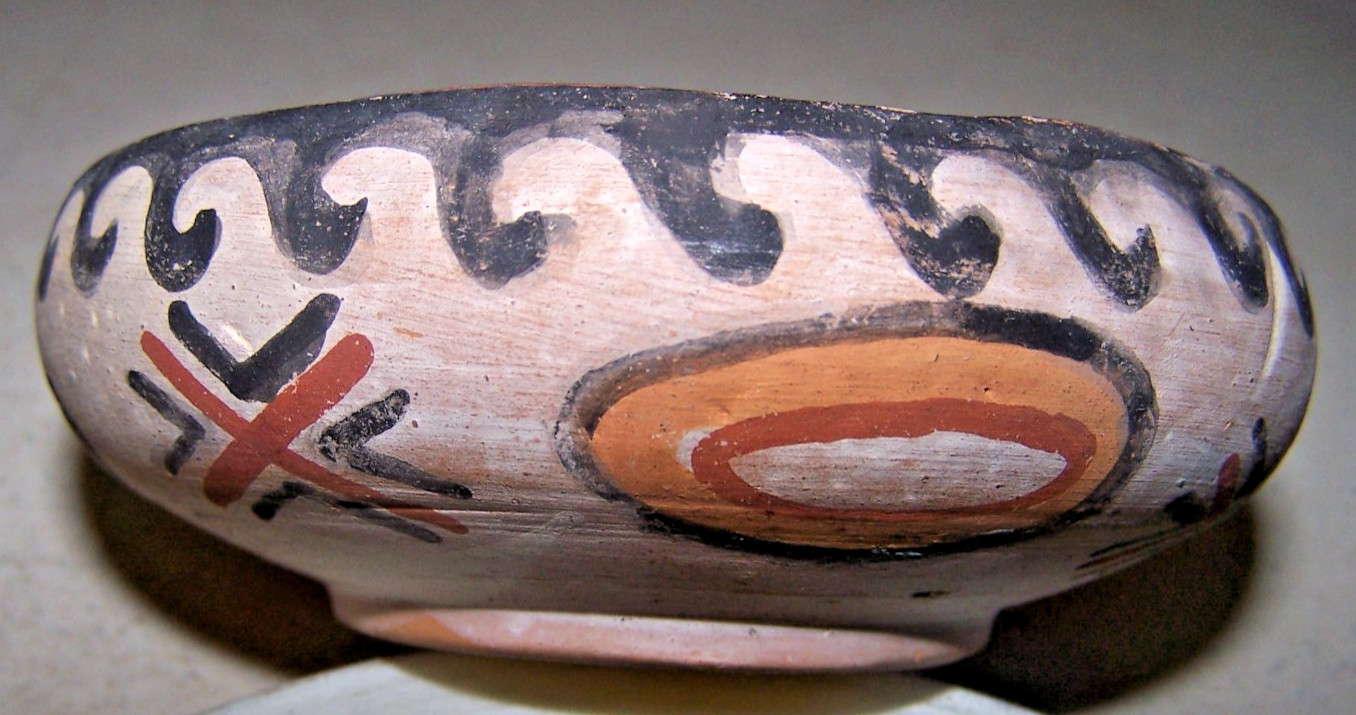 Antique 4″Pottery Bowl ,Art Southwest Indian Black Trim Multi color.(Early)