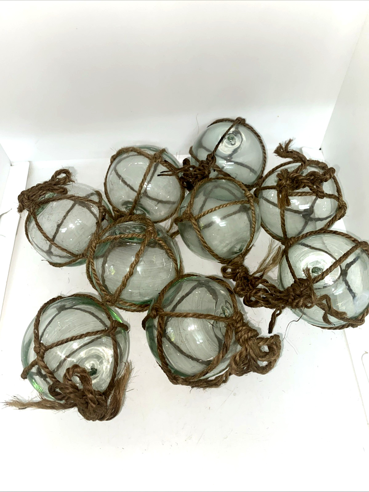 Vintage Set of 9 Japanese Glass Fishing Floats with Nets Sea Green