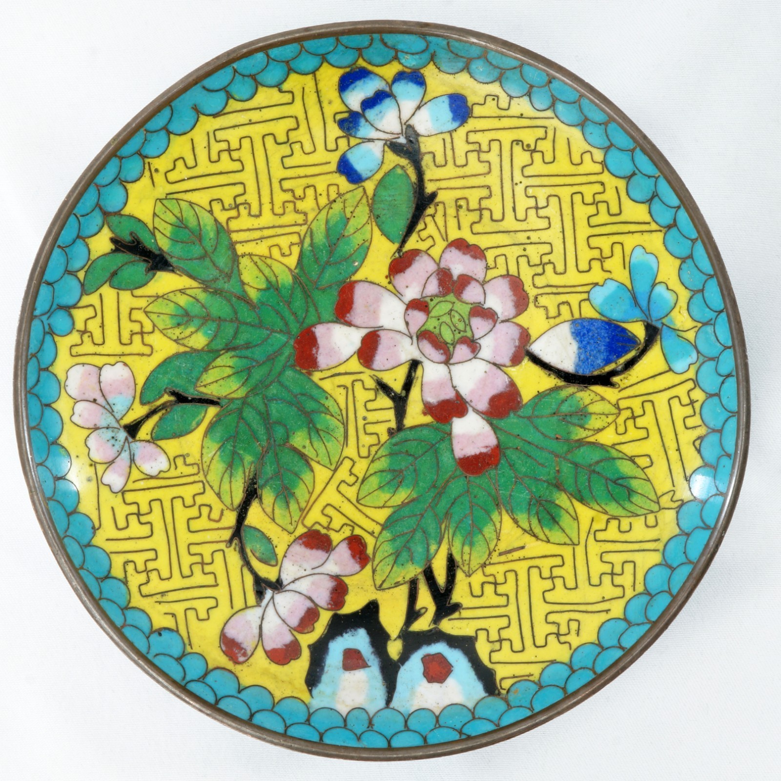 Small Antique Chinese Peony Copper Cloisonne Dish Circa 1920’s 4.9 in diameter