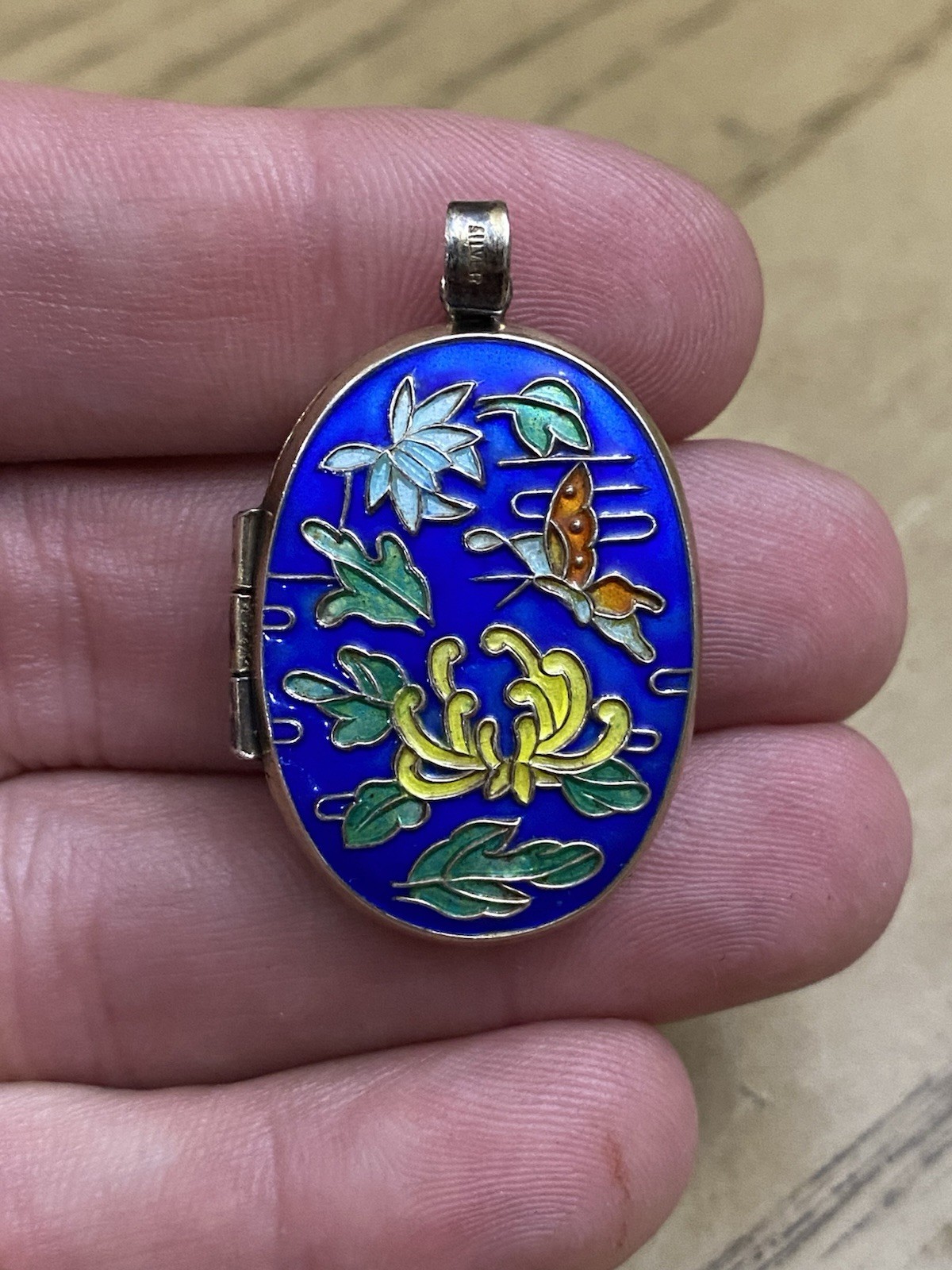 Antique Chinese Gilted Silver Signed Cloisonne Enamel Locket Pendant
