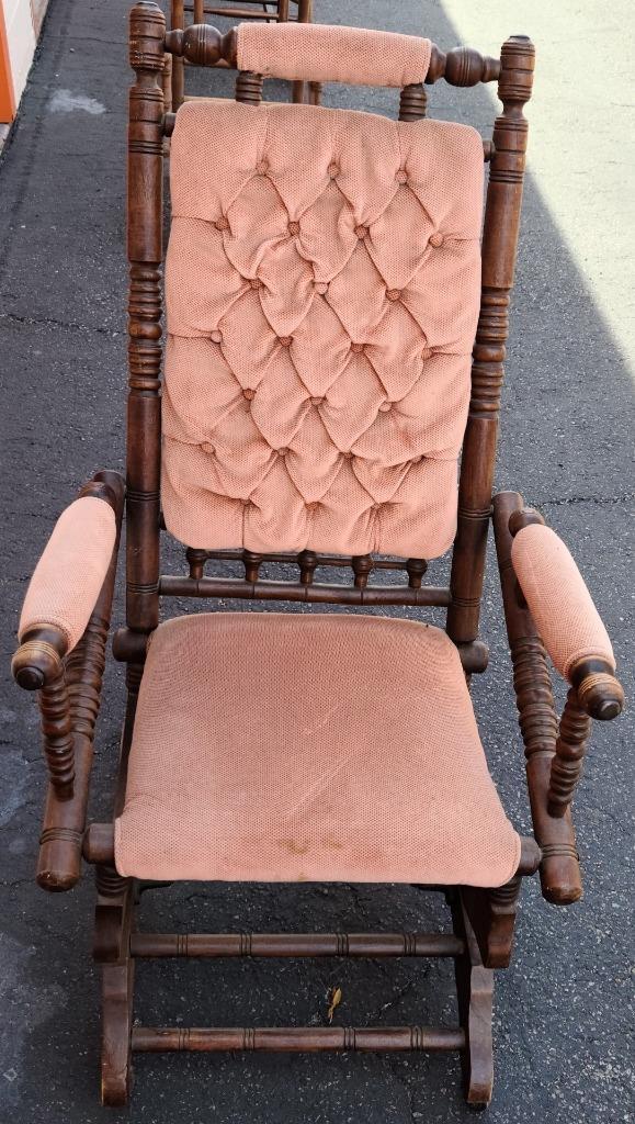 Antique Gliding Rocking Chair – Solid Wood – NEEDS TLC – GREAT TUFTED UPHOLSTERY