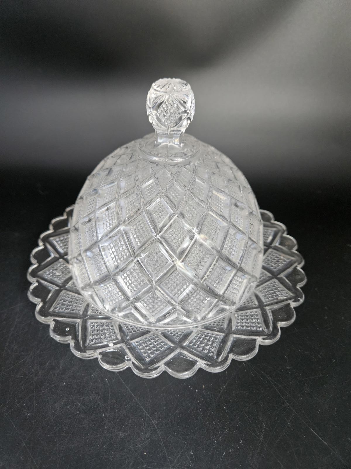 U.S. Glass Co. Diamond & Fine Cut #15053 Butter Dome & Plate ca. 1890s AS-IS
