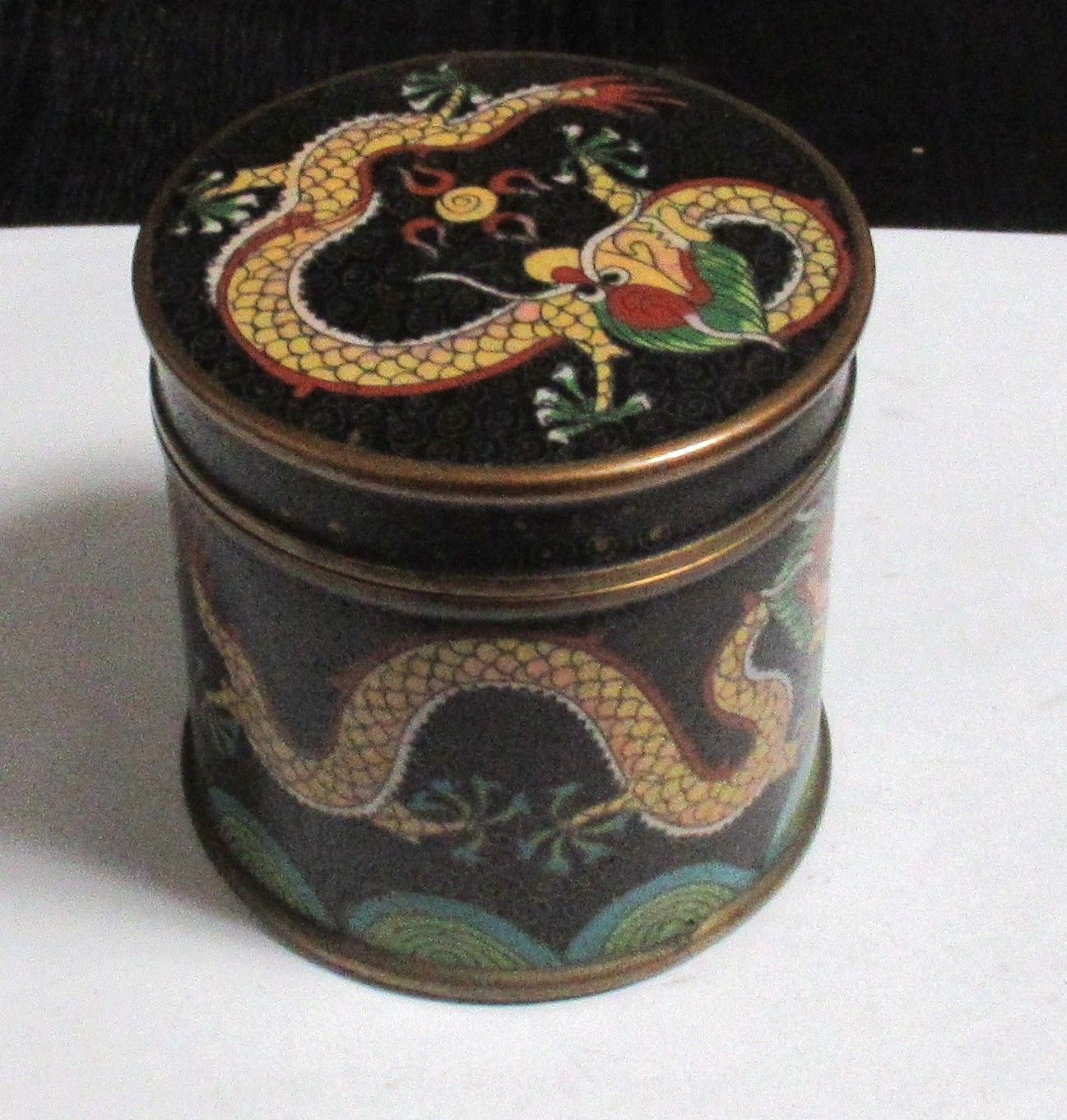 CLOISONNE BLACK ENAMEL FIRE DRAGON HUMIDOR CANISTER JAR BOX