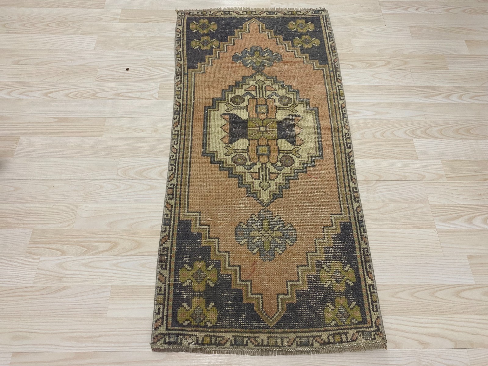 Vintage Handwoven rustic Turkish Small Rug 1.6 x 3.4 ft Wool Anatolian Carpet