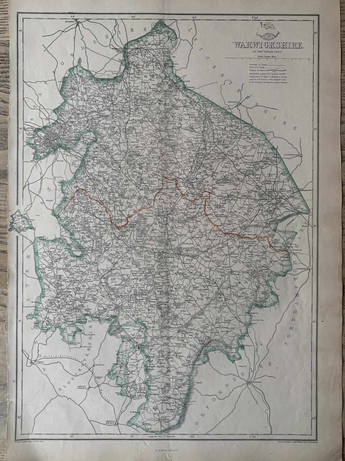 1863 Warwickshire Original Antique Hand Coloured Weekly Dispatch Map