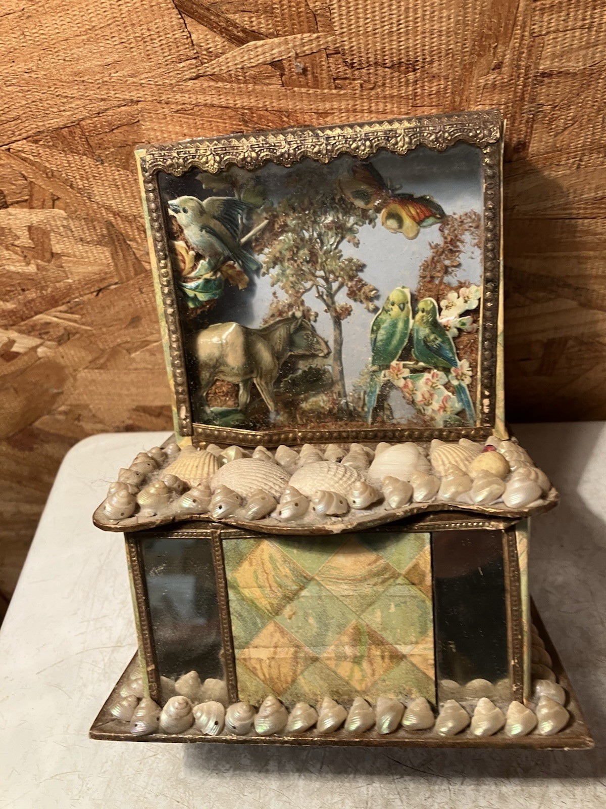 Antique Shell Art Dresser With Bird Diaramma