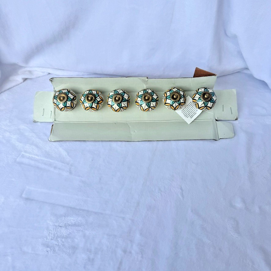 6 Pack Brass & Porcelain White Teal Yellow Floral Drawer Pulls Cabinet Knobs NEW