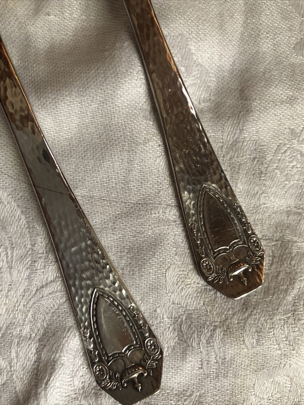 2 Ant Heraldic FLAT Handle Dinner Forks 1847 Rogers Bros Silverplate Circa1916