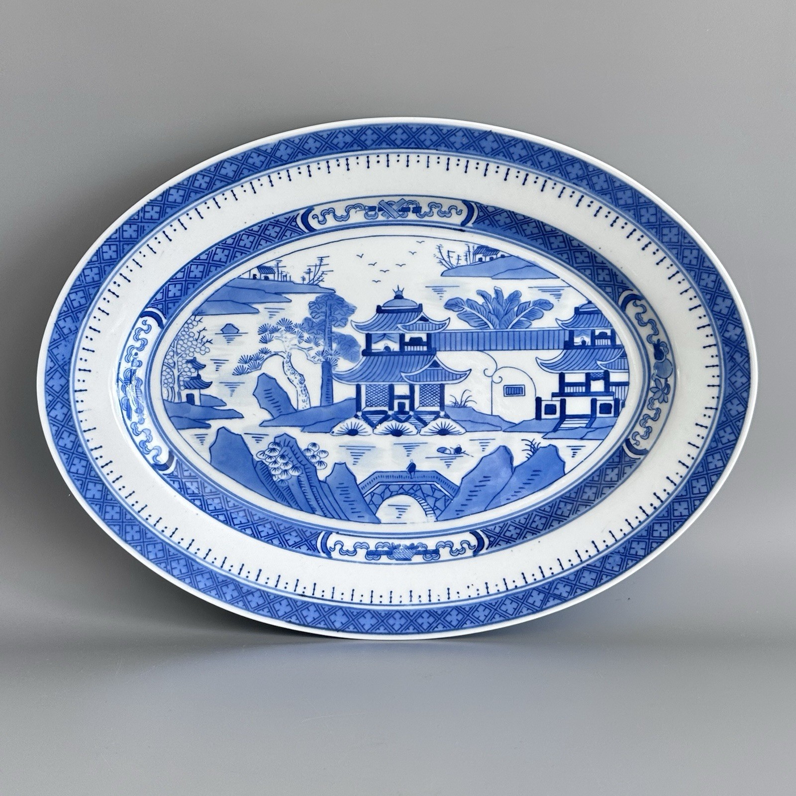 Vintage Blue & White Chinese Antique Oval Serving Platter Plate