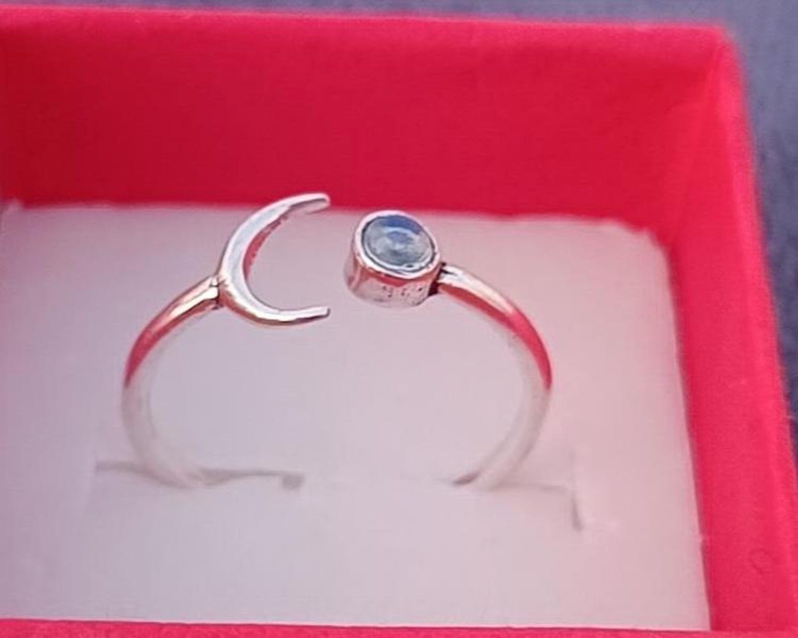 Moonstone Crescent Ring, Silver Plated Brass, Adjustable Boho Ring Jewelry Gifts