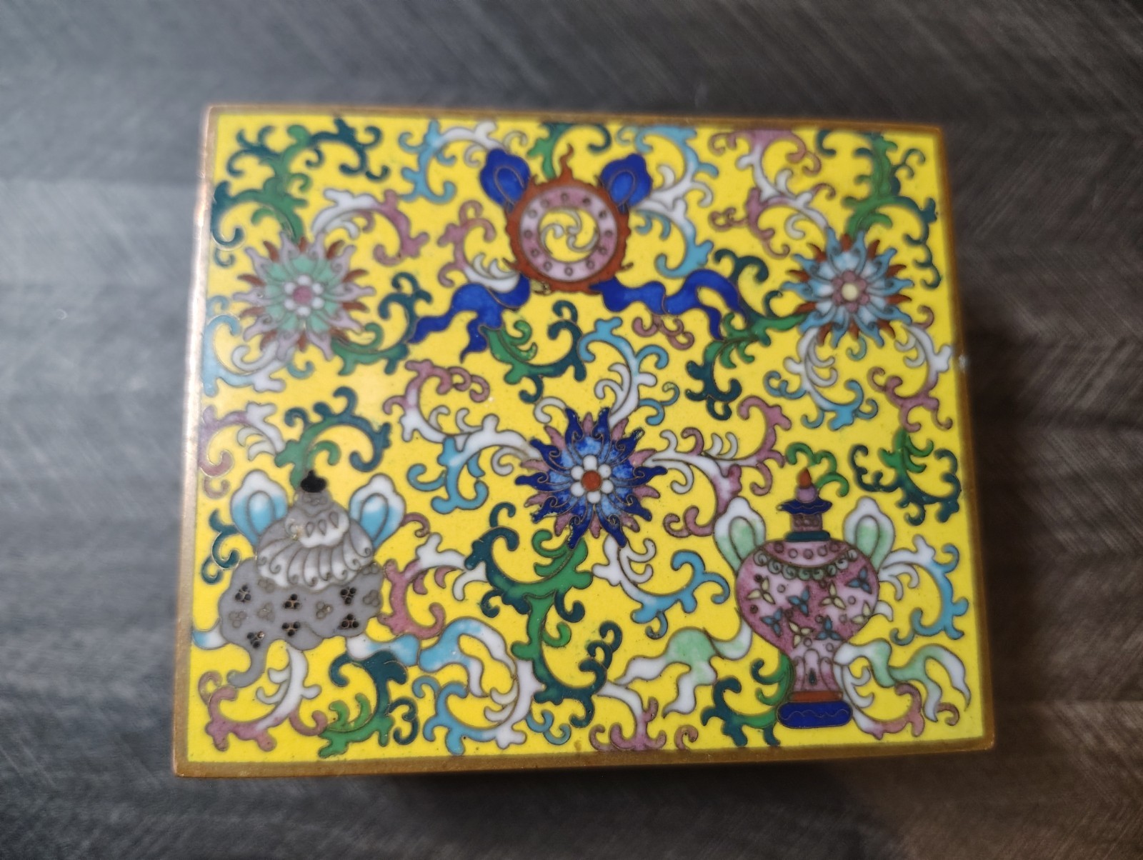 Antique Chinese Republic Yellow Canton Enamel Hinged Brass Trinket Jewelry Box