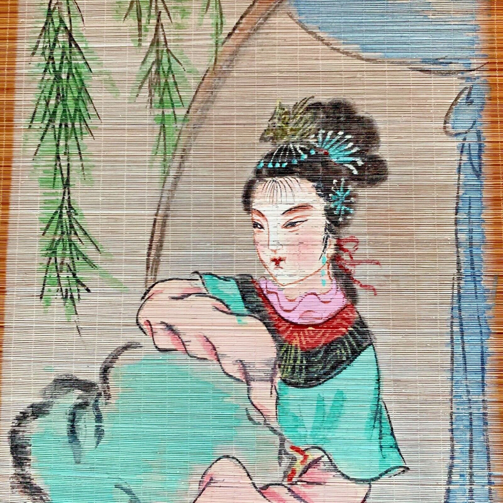 Vtg Japanese Hanging Scroll Bamboo Art Geisha Girl Plum Flower Blossoms Tree 41″