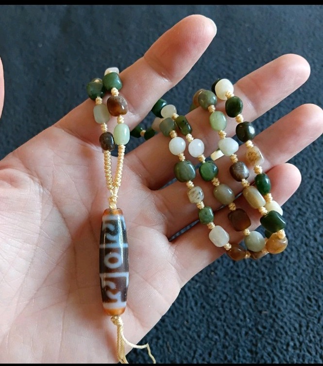 Tibetan Agate/ Hetian Jade Pre 1800s Lianshi 3 Eye Dzi Bead Prayer Necklace