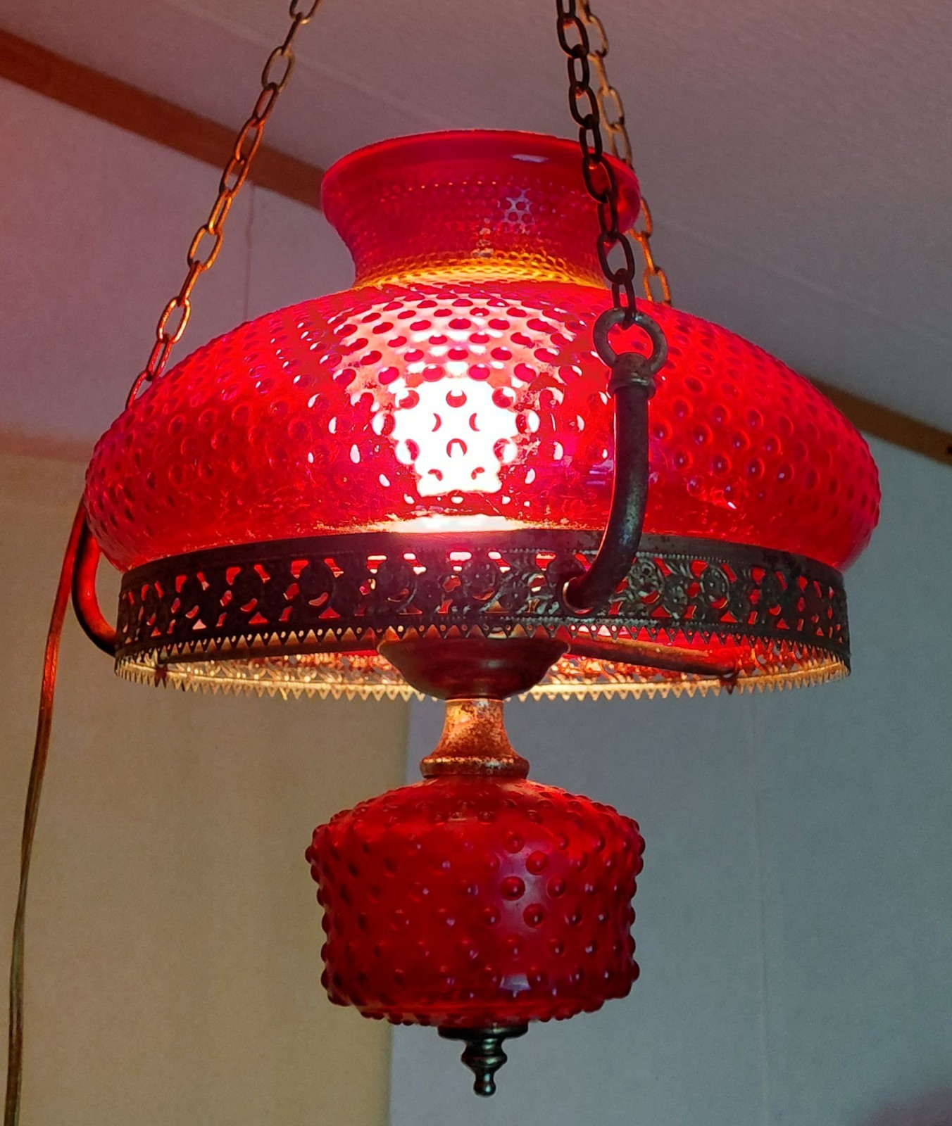 Antique Cranberry Hobnail Hanging Light – Very Pretty & Working Condition!