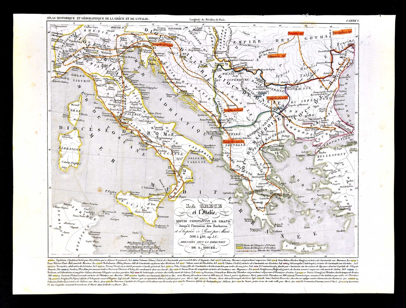 1849 Houze Map Ancient Greece 306-410 AD Roman Era Barbarian Invasion Visogoths
