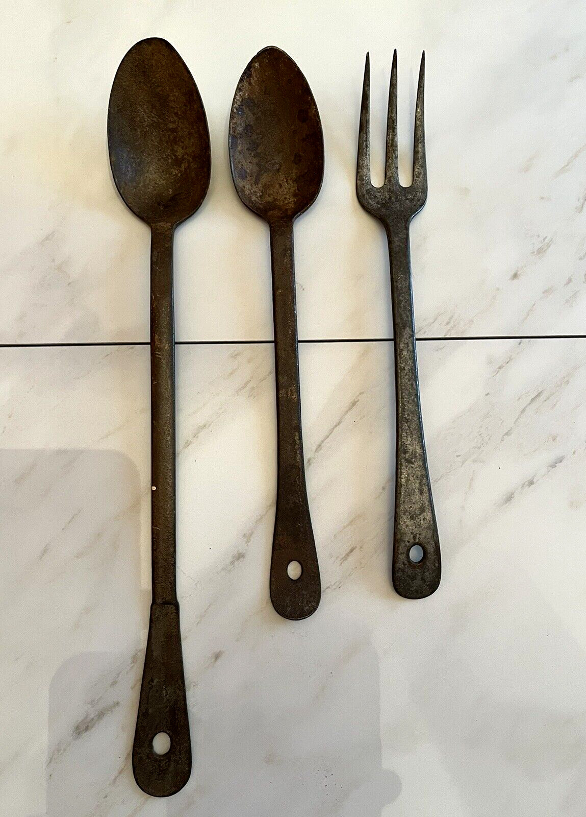 3 LARGE ANTIQUE 1890 CHUCKWAGON CAMPFIRE SPOONS FORK COOKING TOOLS UTENSIL