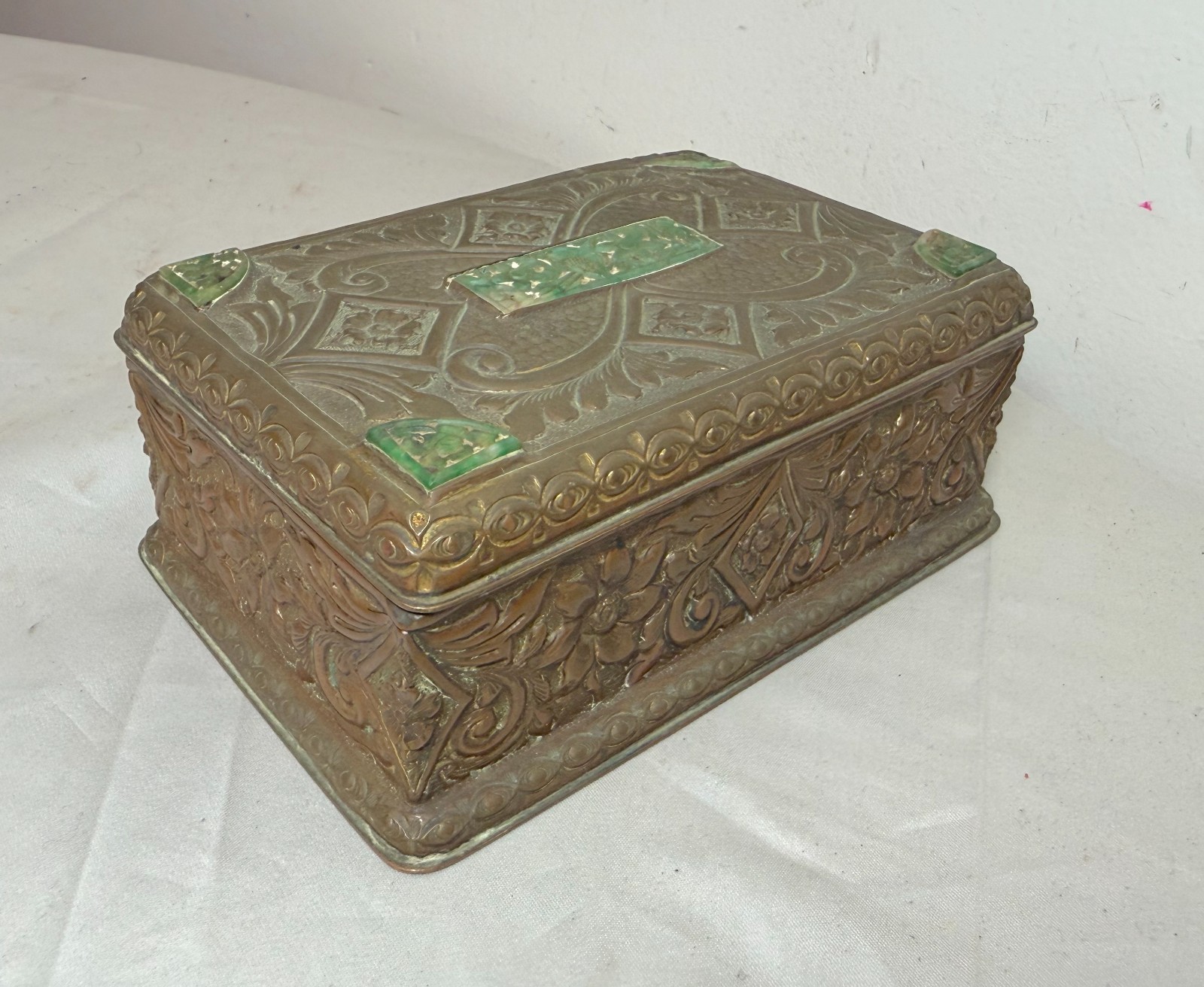 Antique 19th century hand tooled copper carved jade stone wood cigarette box