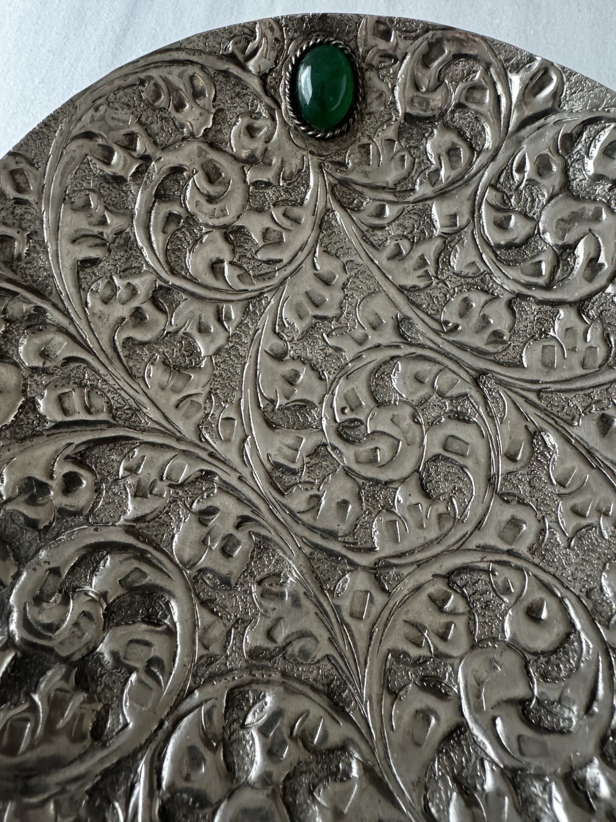 Silver Plated Decorative Plate with Green Stone and Engraved Floral Motifs