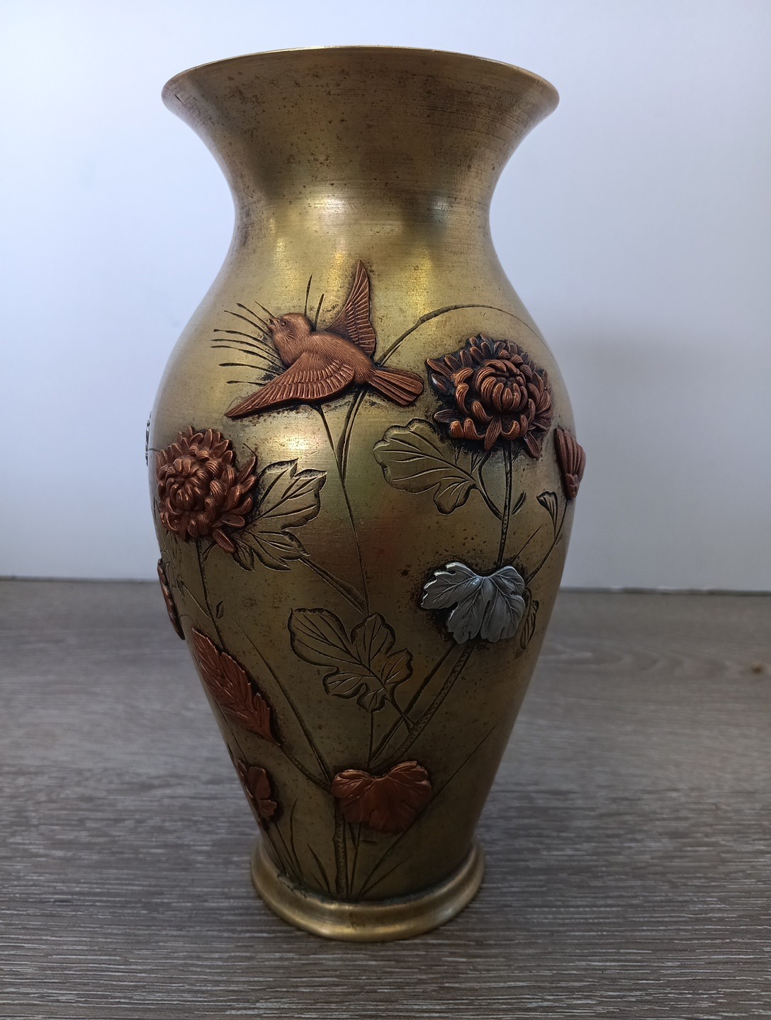 Antique Japanese Meiji Mixed Metal Engraved Vase with Prunus Flowers and Bird