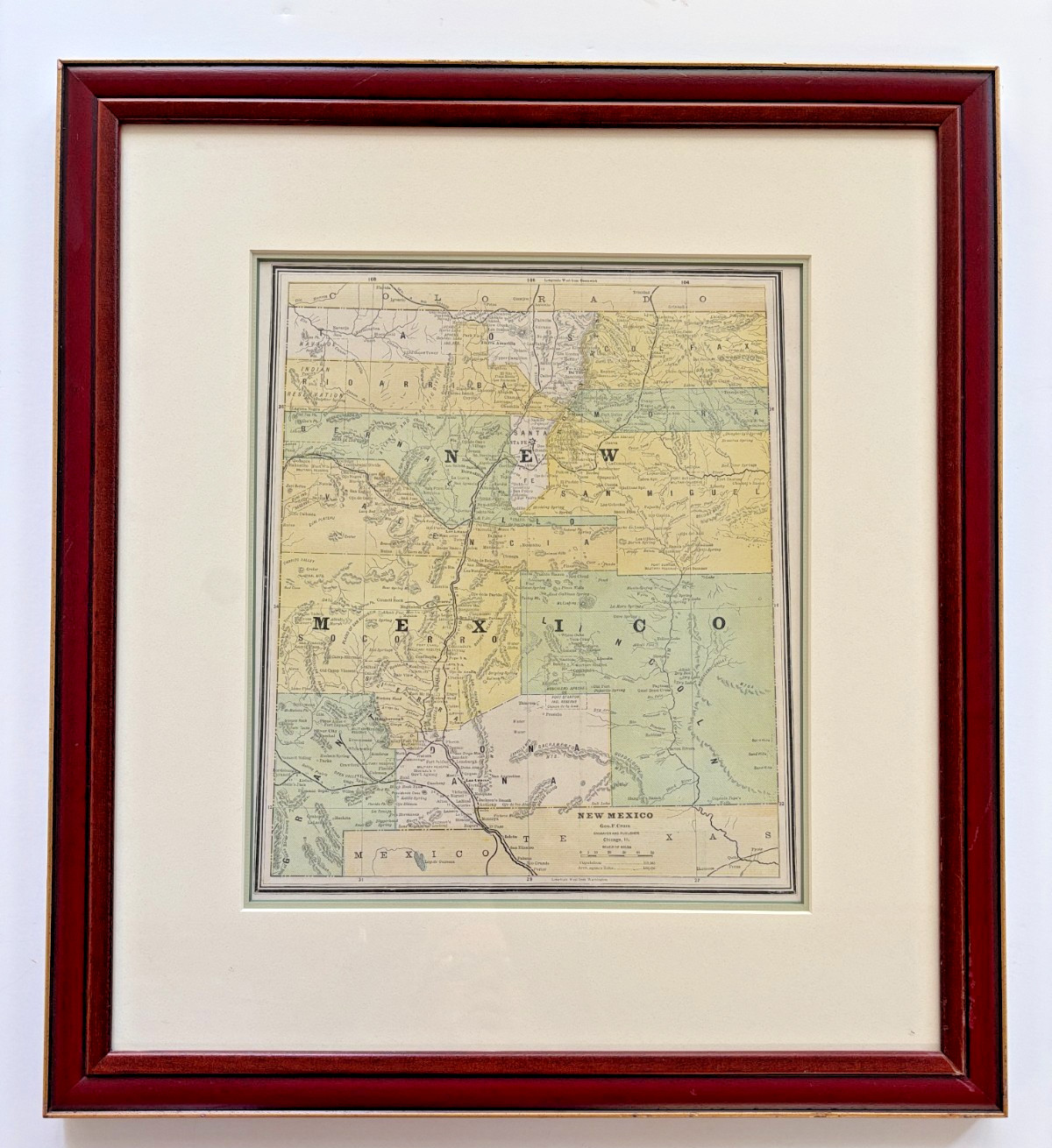 Antique 1883 New Mexico Original Chromoxylograph Map by George Cram COA Framed