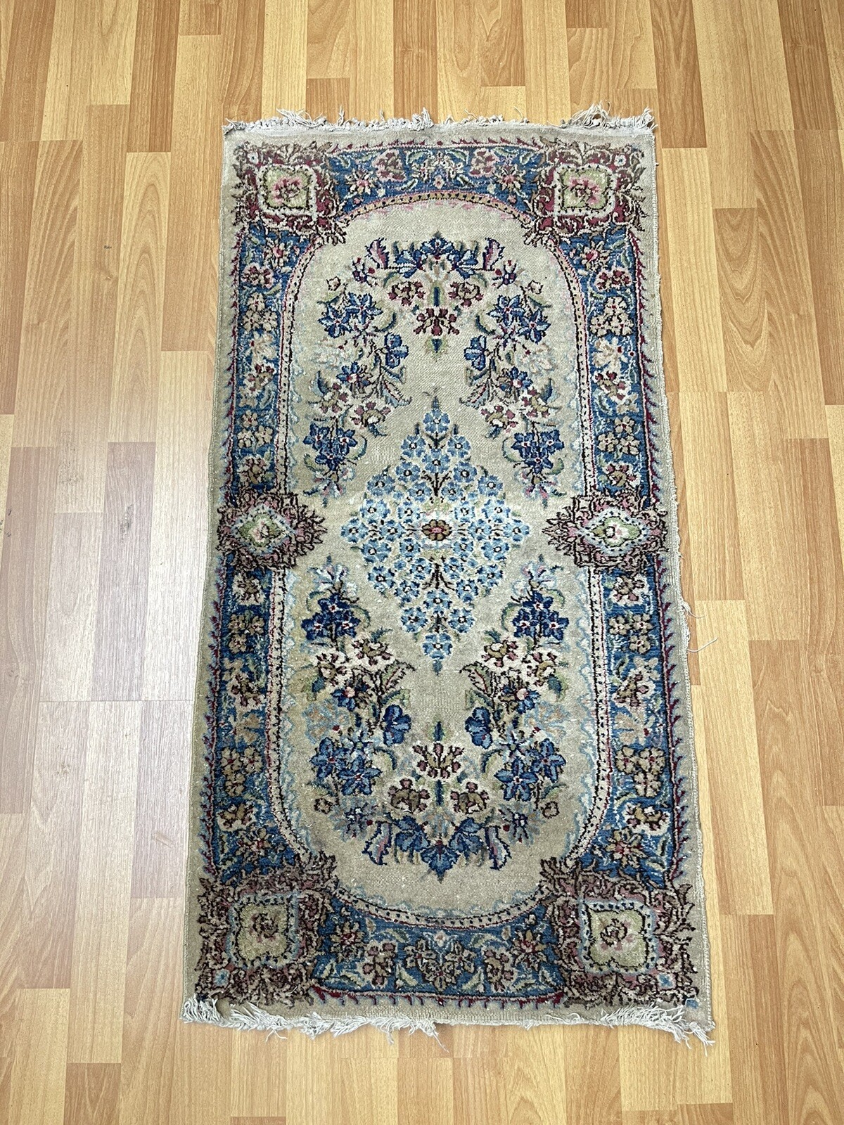 Small Antique Rug Floral Pattern Red Blue Green On Brown Prayer Rug 2’X4′