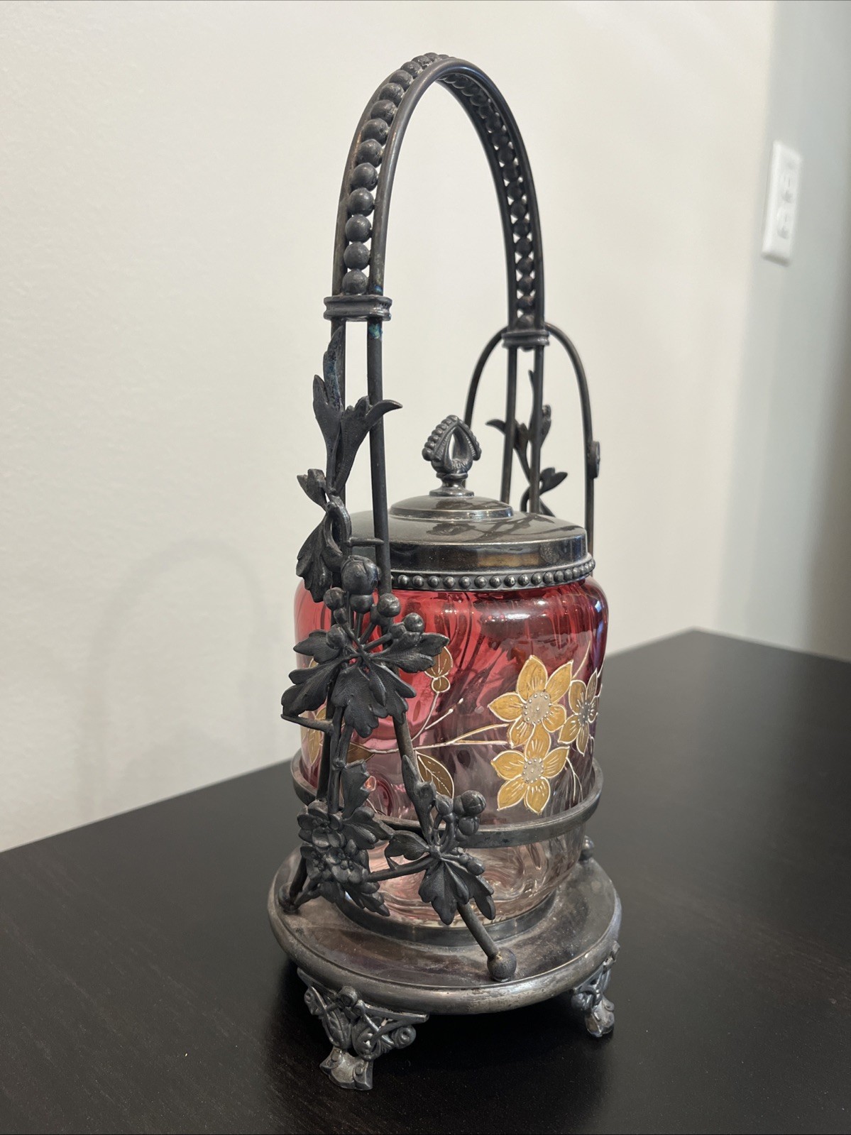 Victorian Cranberry Rubina Art Glass Pickle Castor Figural Silver Plate
