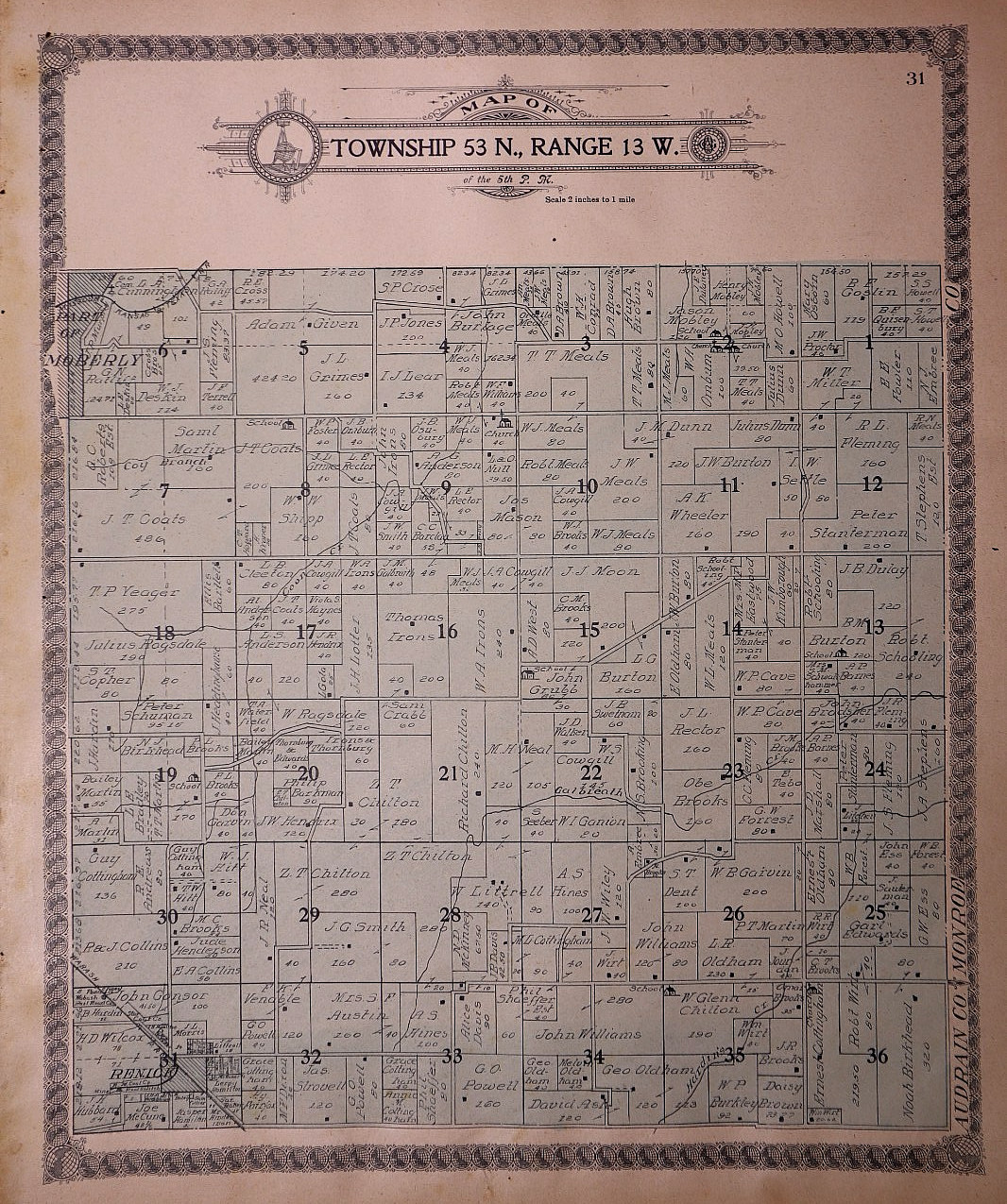 1910 Plat Map ~ Twp 53 N, Range 13 W – Vicinity of Renick, Randolph Co., MO