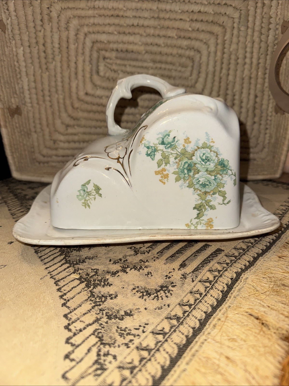 Antique German Porcelain cheese and butter dish with handle