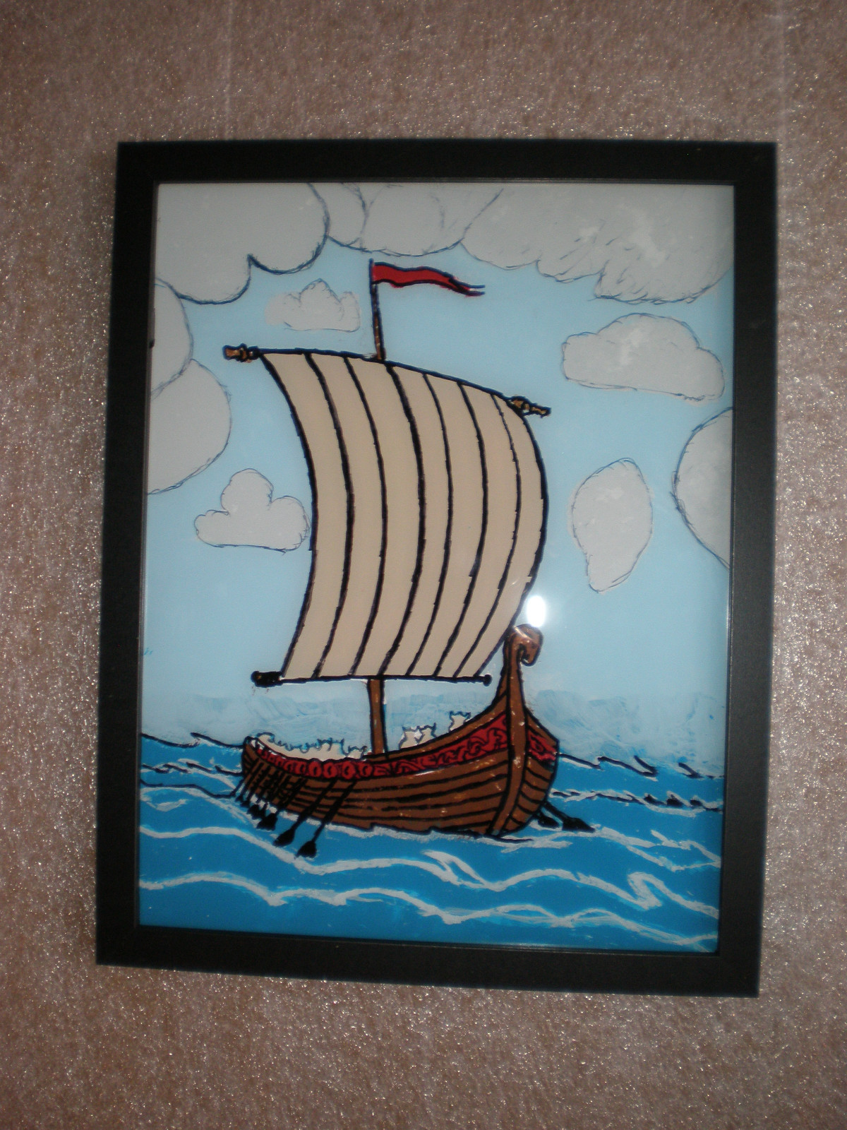 Viking Ship Painting Reverse Painted on Glass Seascape Home Decor Nautical Ocean