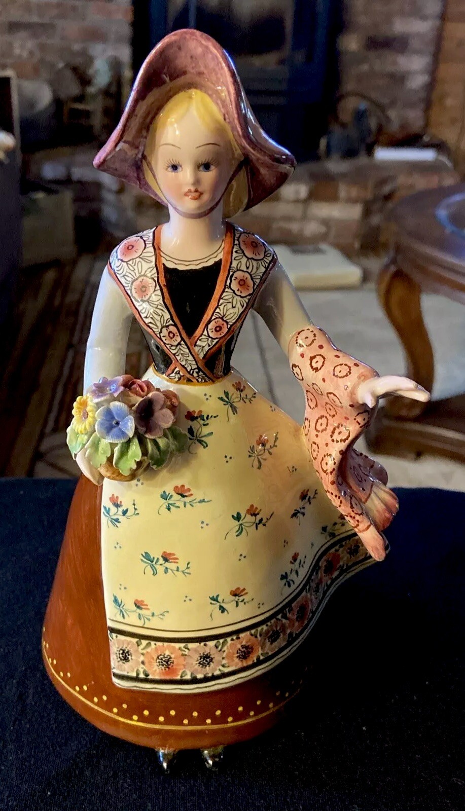9”.05 Italian made. Figure Girl WITH BASKET OF FLOWERS.H. P.