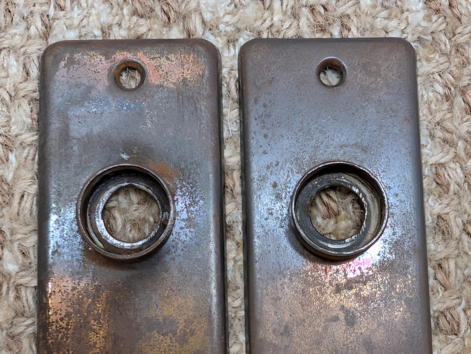 Pair 1 5/8″ x 5 1/2″ Antique Stamped Steel Door Knob Plates