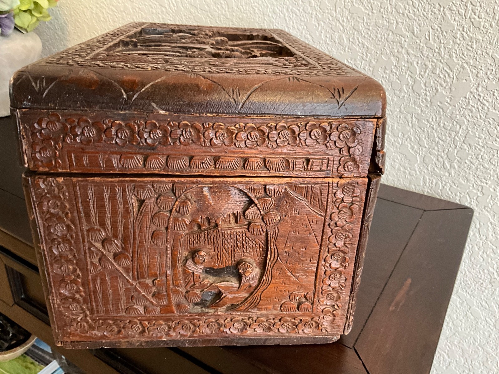 Antique Chinese intricately carved camphor wood chest 14″ x 8″