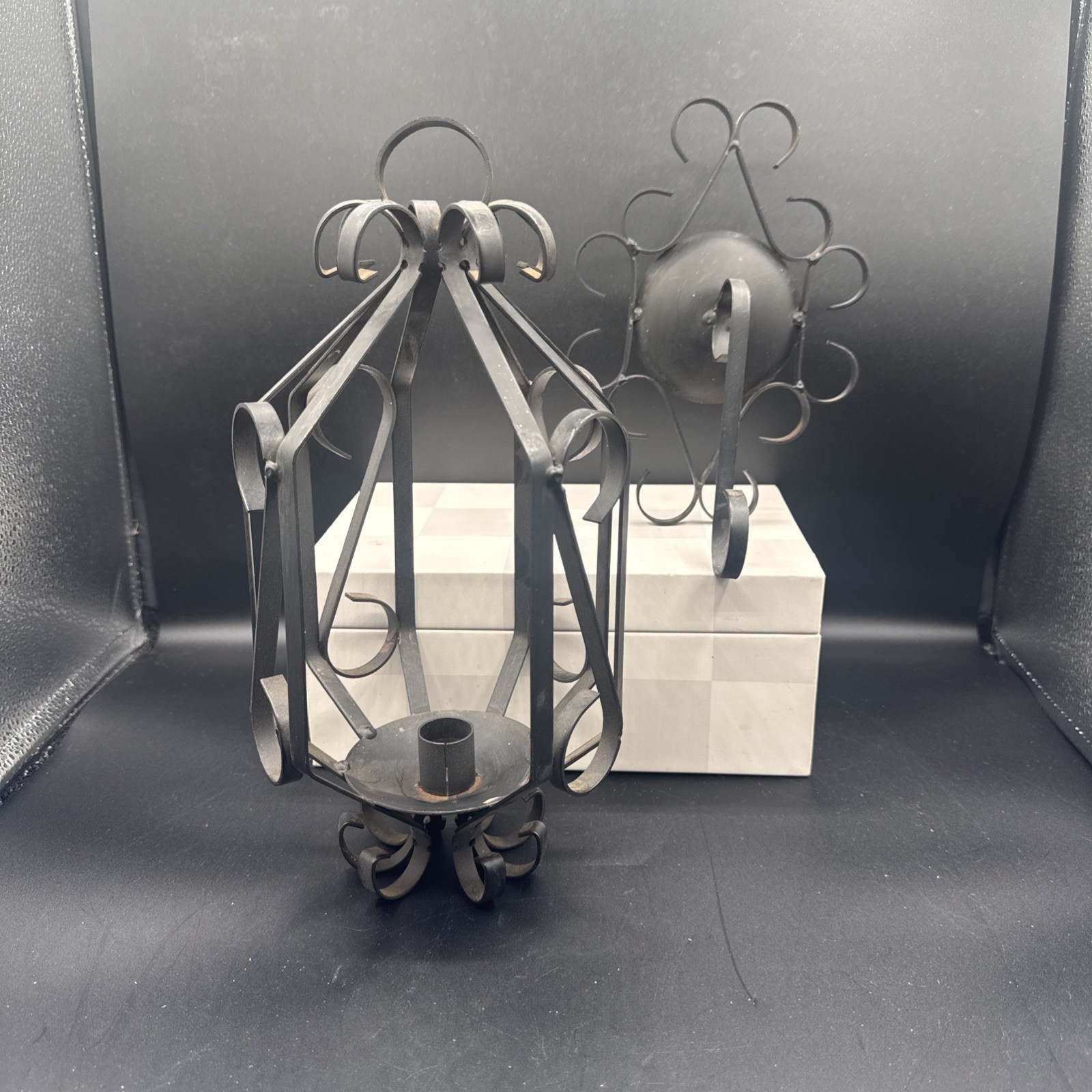 Vintage MCM Gothic Wrought Iron Black Candle Lantern Medieval Hanging Wall Mount