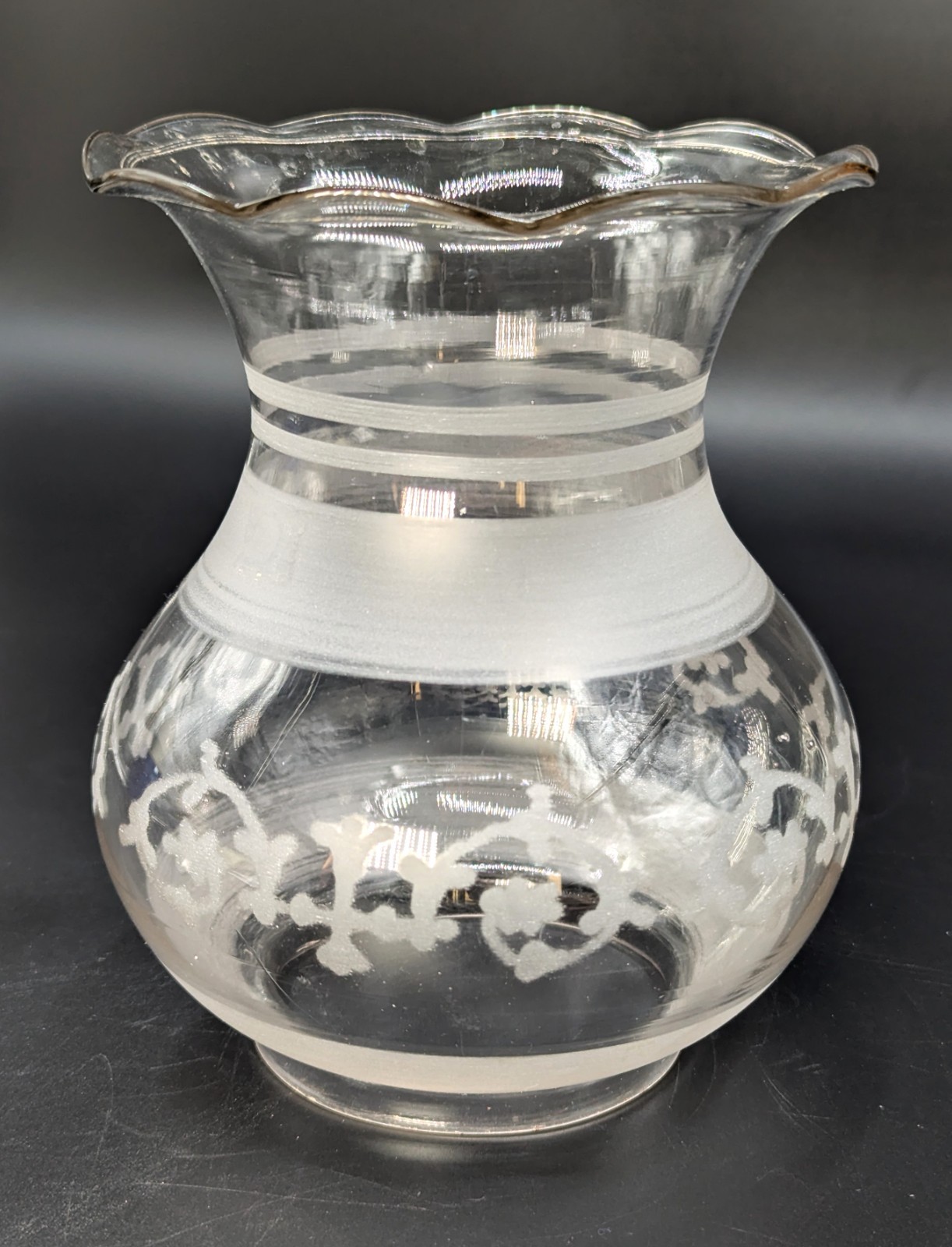 Antique Etched Wheel Cut 6-5/8” Tall Glass Shade Oil Fluid Lamps 3-1/4” Fitter