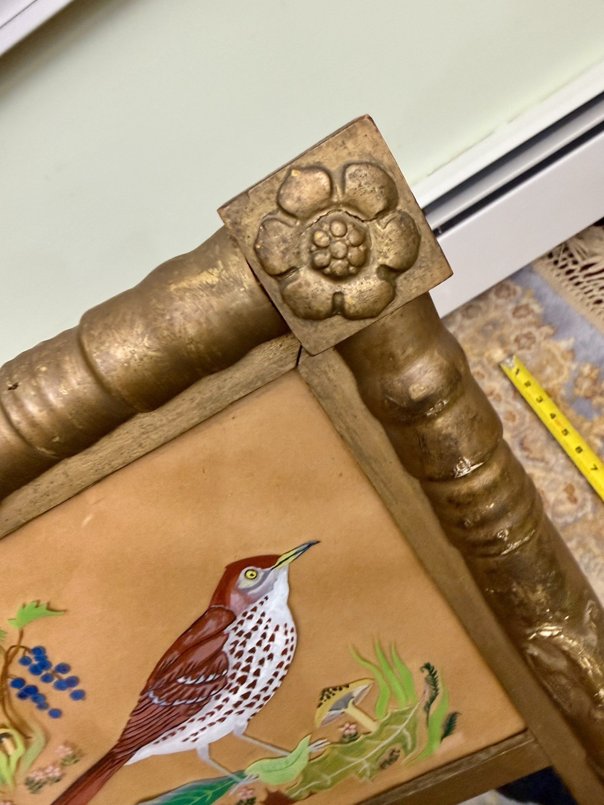 Antique Federal Mirror Reverse Painted Bird on Glass Signed PLATT Brown Thrasher