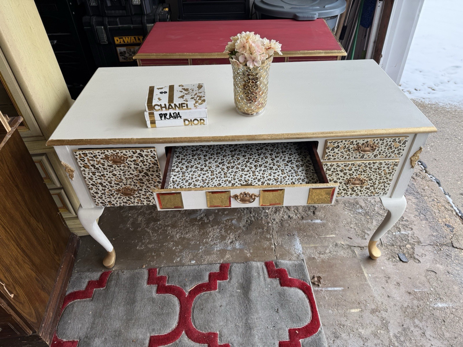 Beige & Gold Desk with Leopard Print Drawers – Glam Statement Vanity or Office