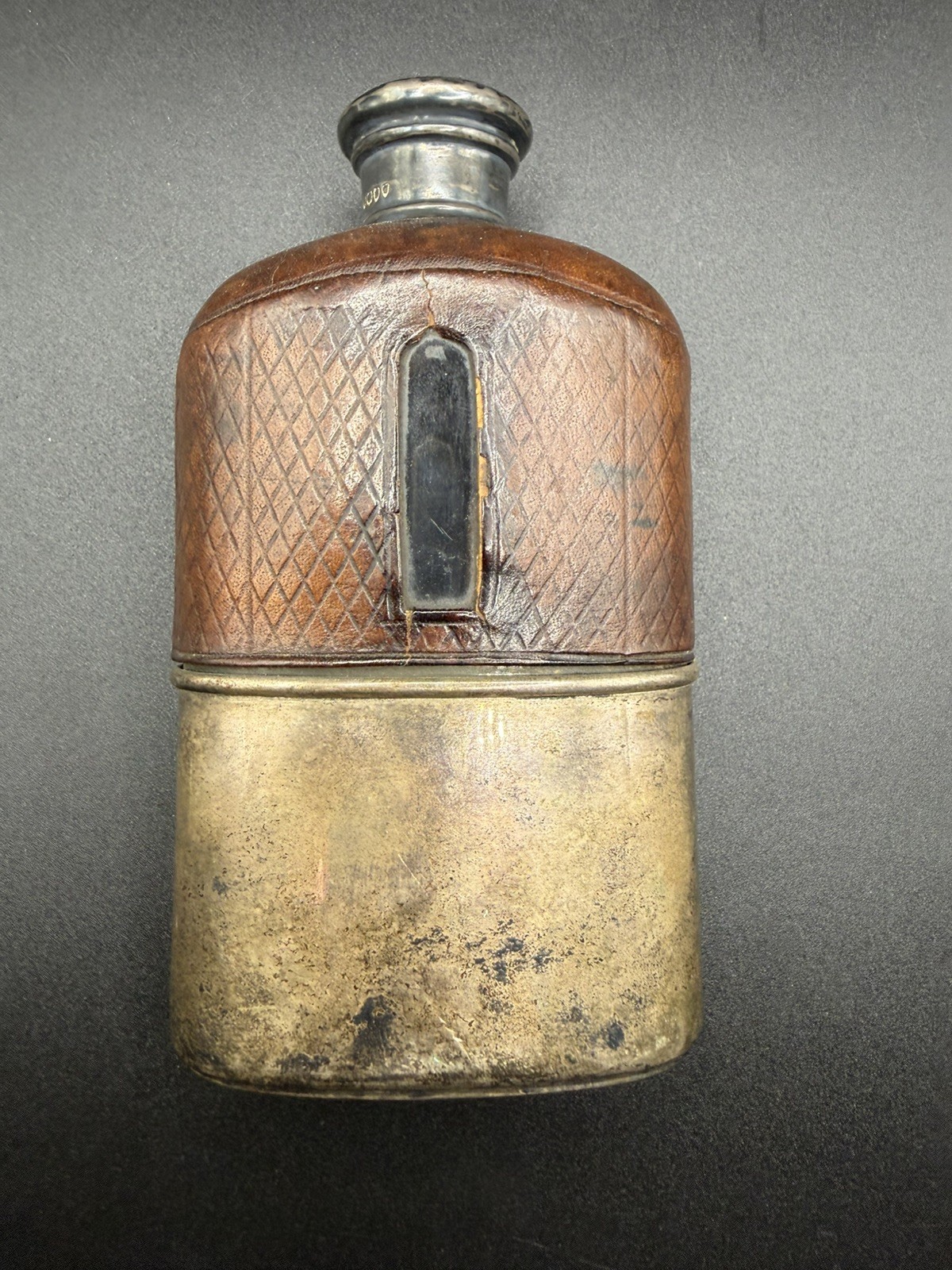 Victorian .925 Silver Leather & Glass Hip or Spirit Flask, London Hallmark 1879