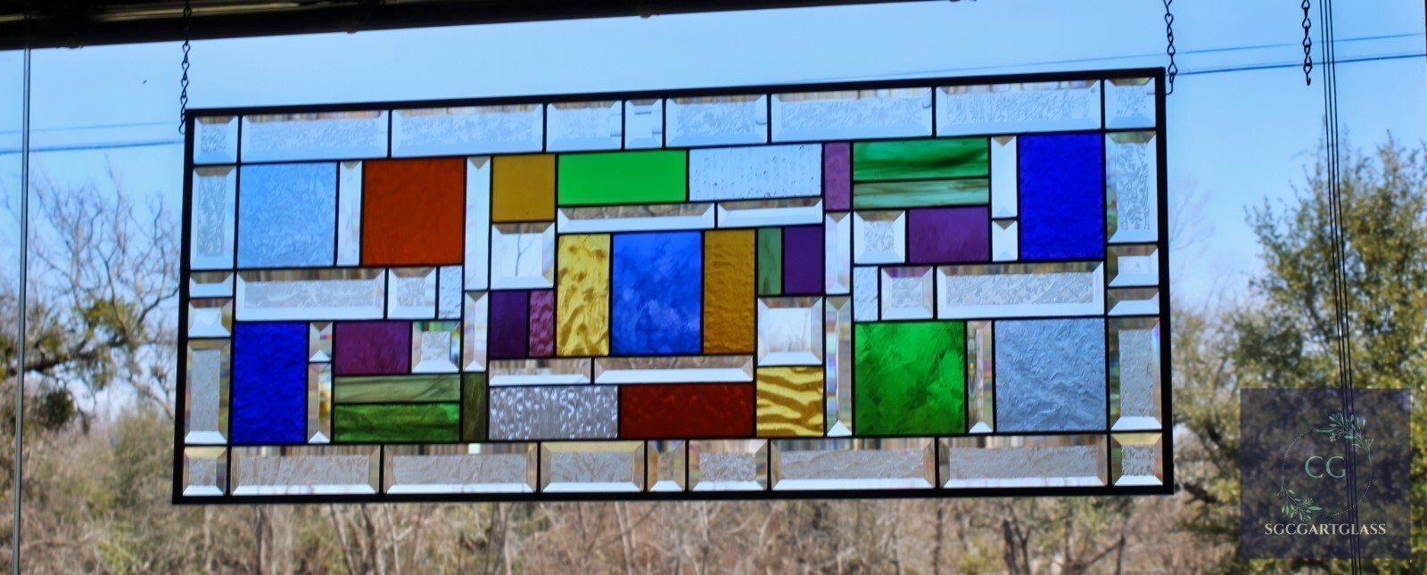 Stained Glass Window Panels: Frosted Beveled Border, Geometric Pair 15×37